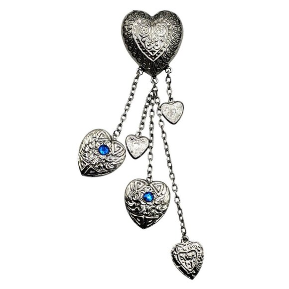 unbranded Jewelry - Heart Dangle Brooch Blue Rhinestones Silver Tone Chatelaine Style Pin Costume Je